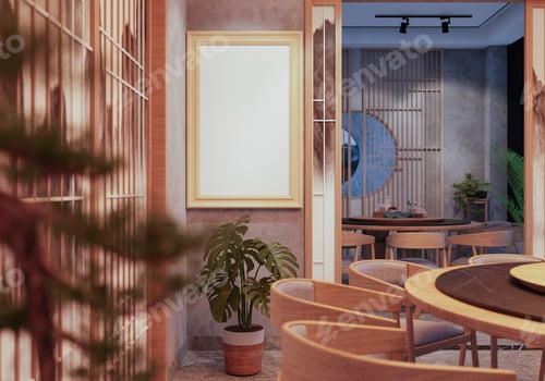 Preview: 3D illustration Mockup photo frame in restaurant, rendering