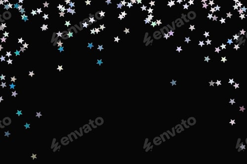 Preview: Frame of Silver Stars Confetti Isolated on Black, Festive Background.