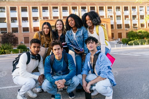 Preview: Diverse student group posing in front of university campus building