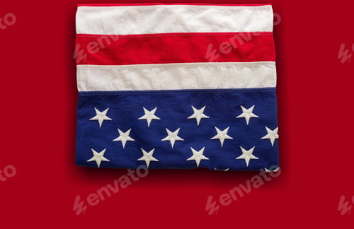Preview: USA flag, US of America sign symbol on red background, top view