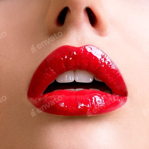 Preview: Closeup beautiful female lips with red lipstick.