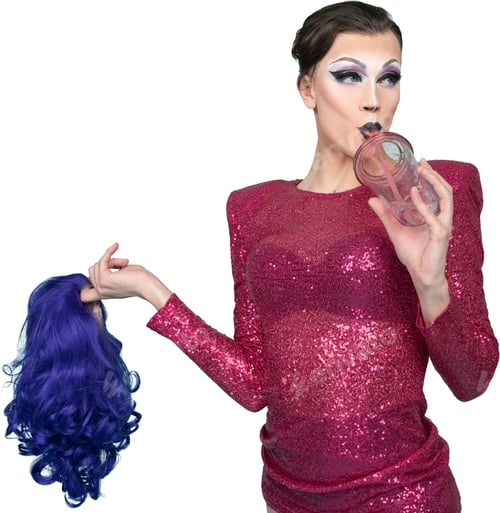 Preview: a woman in a red dress holding a hair dryer and a woman with purple