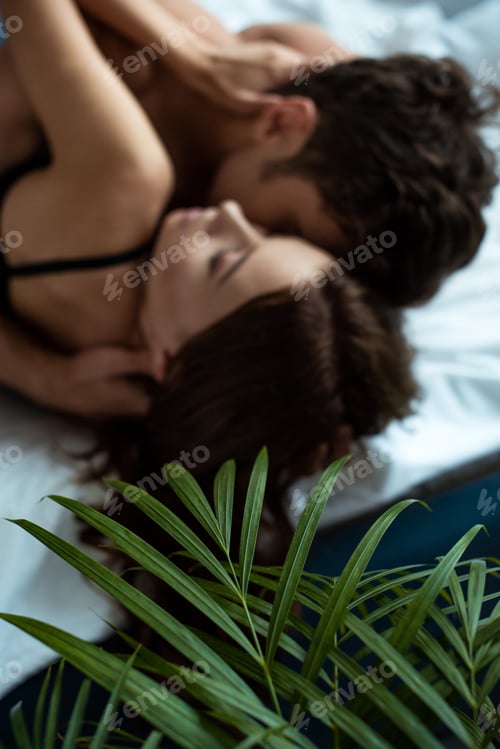 Preview: selective focus of plant near man and woman in bedroom