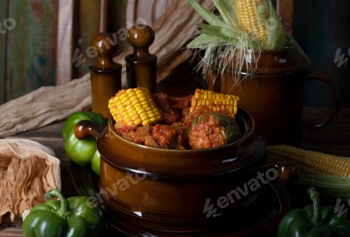Preview: stuffed bell peppers with corn on the cob stewed in tomatoes,still life on wood