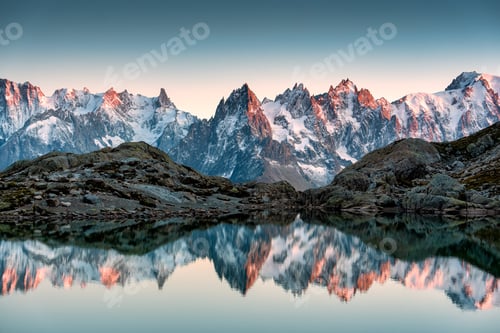 Preview: Lac Blanc with Mont Blanc mountain range reflect on the lake in French Alps Chamonix, France