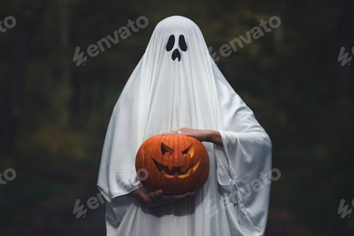 Preview: Ghostly figure with pumpkin in enchanted a forest on a moody autumn day.