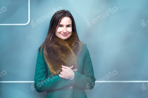 Preview: closeup portrait of an elegantly dressed business woman near a blue wall of a modern office building