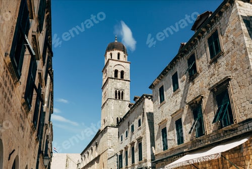 Preview: low angle view of historical buildings and clear blue sky in Dubrovnik, Croatia