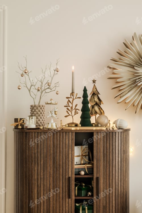 Preview: Elegant Christmas setup with subtle lighting. Space ready for holiday celebrations
