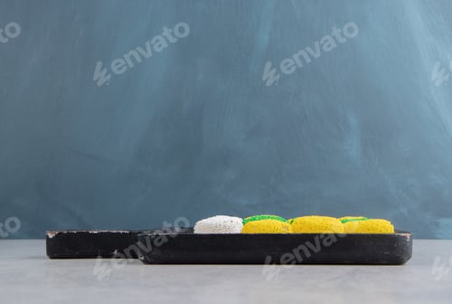 Preview: Heart shaped cookies in the tray, on the marble background