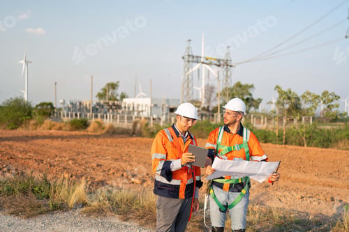 Preview: Wind turbine service engineer standing on ground planning for maintenance electricity generator
