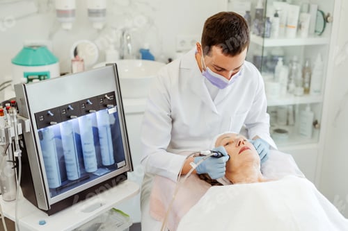 Preview: Male cosmetologist performing mesotherapy on senior woman, patient getting hydro facial peeling