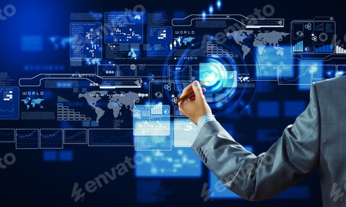 Preview: Back View Of Businessman Touching Icon Of Media Screen
