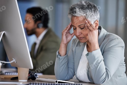 Preview: Headache, senior woman and business stress of office employee with work burnout. Mental health, wor