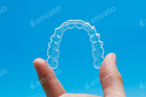 Preview: Hand holding one transparent retainer on blue background. Invisalign orthodontics concept