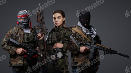 Preview: Radical militants in camouflage group portrait