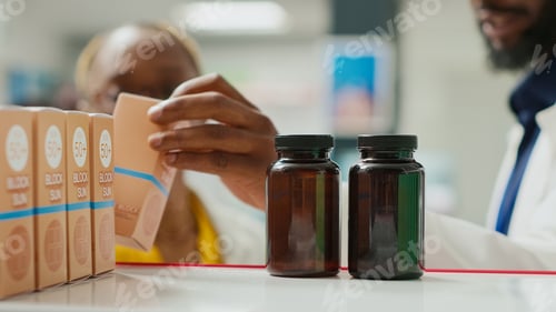 Preview: Pharmacy consultant showing pack of supplements