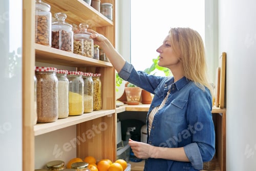 Preview: Home kitchen, pantry, woman near wooden rack with food in jars and containers
