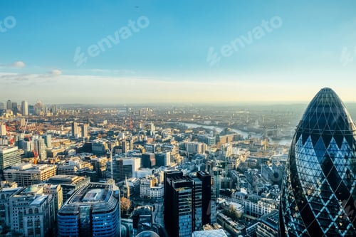 Preview: Ariel skyline view over London city including the gherkin building