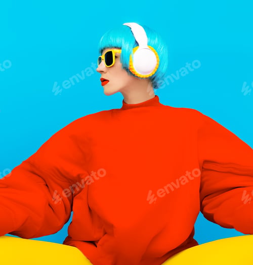 Preview: Glamorous fashion lady in bright clothes listening to music. All