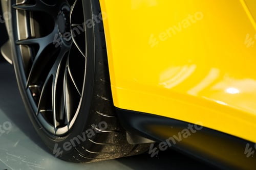 Preview: KYIV, UKRAINE - OCTOBER 7, 2019: selective focus of black car wheel in yellow porshe