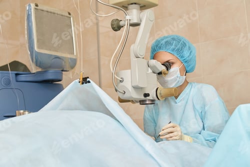 Preview: Ophthalmology laser microscope operation. Doctor in clinic. Patient eye
