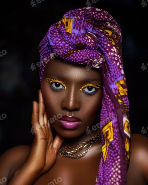Preview: Beautiful African female with a purple headwrap on her head isolated on a dark background
