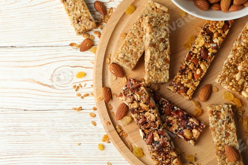 Preview: Board with granola bars and bowl with almond on wooden background, top view