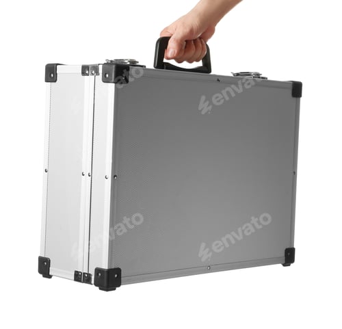 Preview: Man holding hard case isolated on white, closeup