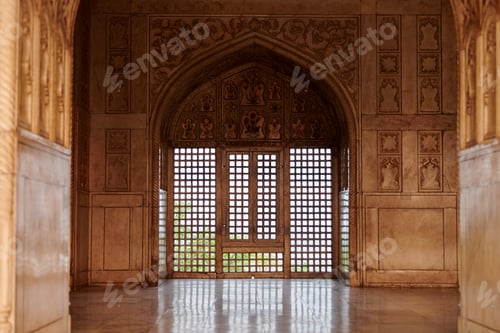 Preview: Decorative mesh window in Agra Red Fort, beautiful ancient windows with beautiful wall decorations