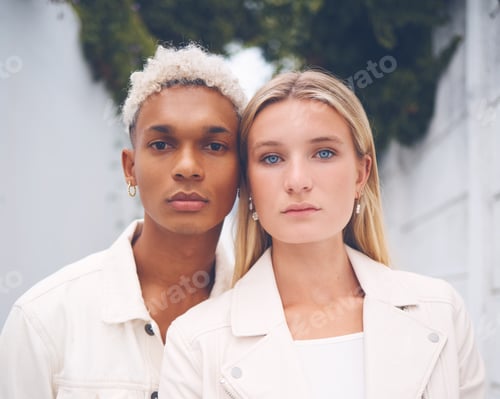 Preview: Model designer, love and diversity couple portrait of couple, friends and collaboration or teamwork