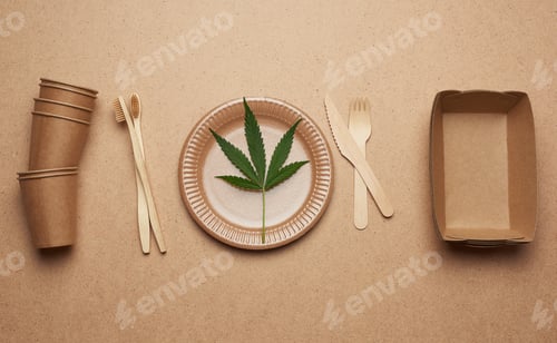 Preview: Set of brown paper plates, cups and wooden forks and knives on a brown background, flat lay.