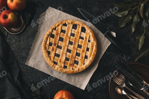 Preview: top view of homemade apple pie, fresh apples and cutlery isolated on black tabletop