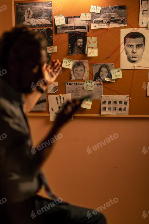 Preview: close-up detective office middle-aged investigator in shirt and tie standing near clue board for