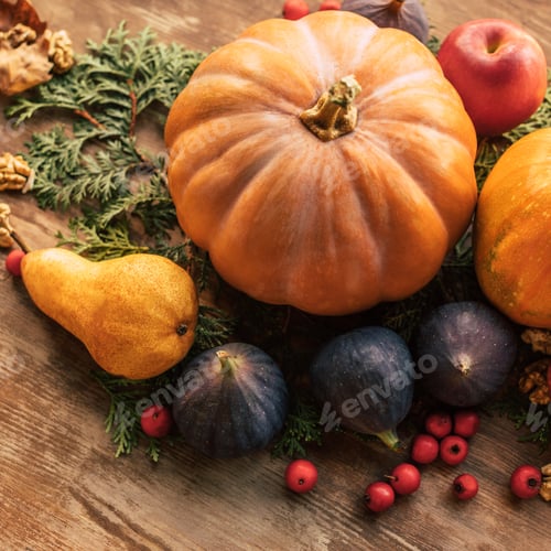 Preview: close-up shot of various fruits and vegetables on wooden table