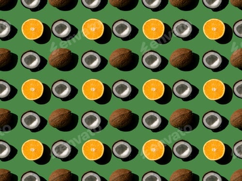 Preview: pattern with fresh ripe sliced oranges and halved coconuts with shadows on green