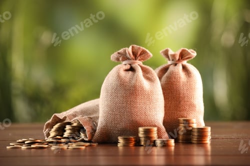 Preview: Burlap bags and stacked coins on wooden table against blurred background
