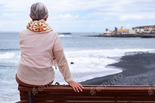 Preview: Rear view of senior woman sitting on outdoors bench at sea looking at horizon over water.