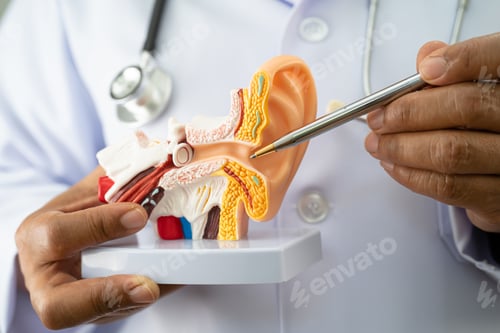 Preview: Asian doctor holding human ear model to learn and treat hearing loss in patient.