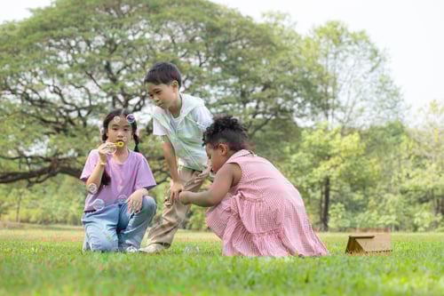 Preview: Children sitting in the park with blowing air bubble, Surrounded by greenery and nature