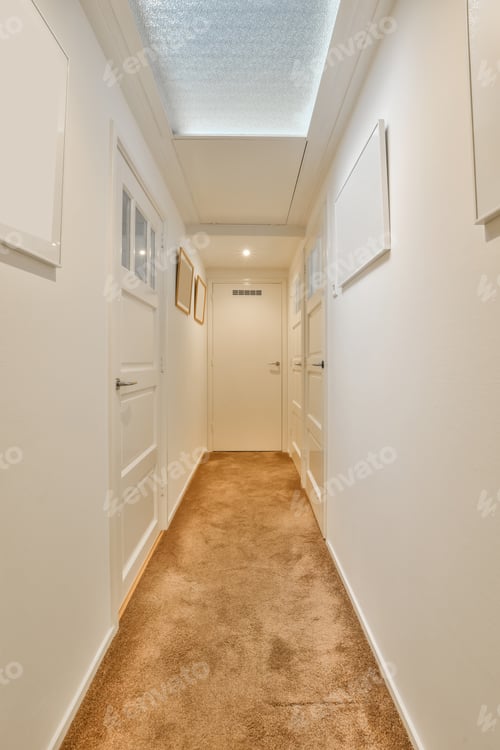 Preview: a long hallway with white doors and carpeted floors