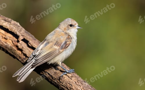 Preview: Eurasian penduline tit, Remiz pendulinus. A bird sitting on a branch on a beautiful green background