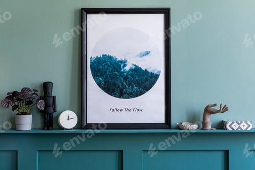Preview: Creative interior design of living room at cozy apartment with mock up poster frame.