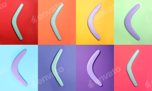 Preview: Collage with photos of boomerangs on different color backgrounds, top view