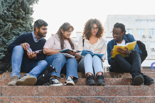Preview: Diverse students studying together outdoors on campus steps