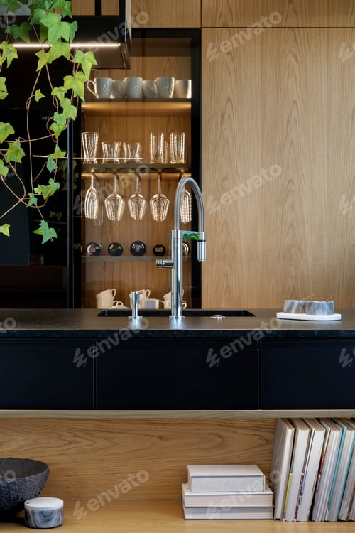 Preview: Minimalistic modern wooden panel kitchen interior