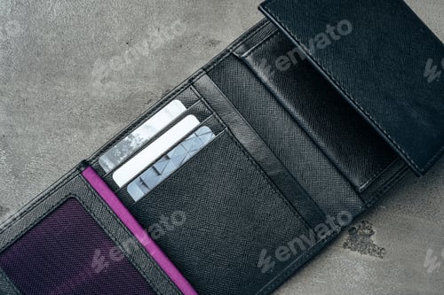 Preview: Black leather wallet on grey concrete background