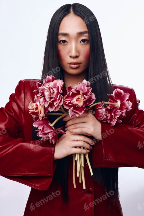 Preview: Beautiful young woman with long black hair and red jacket smiling while holding a bunch of pink