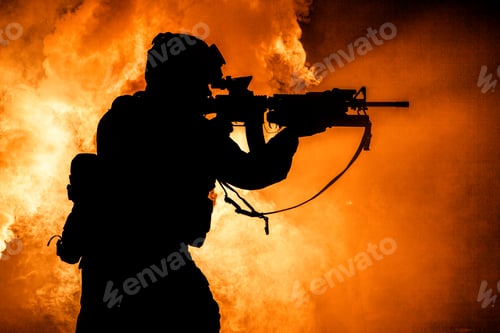 Preview: Soldiers silhouette on background of fire explosion