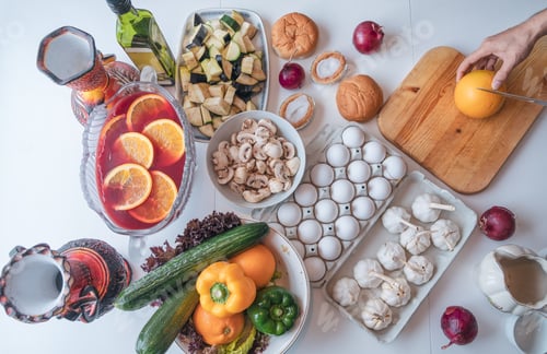 Preview: Ingredient raw food with vegetables and fruits preparing for cooking